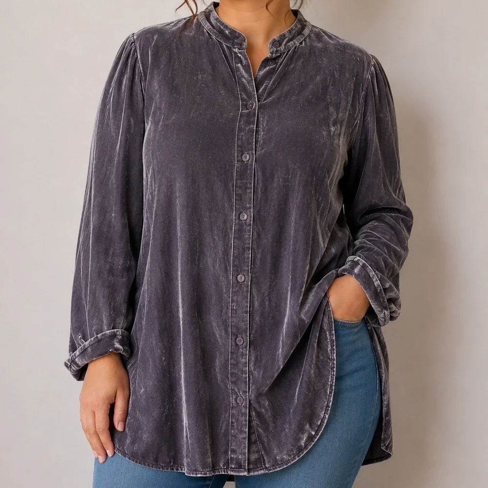 Eileen Fisher XL Velvet Tunic Blouse Silk Viscose Button Front Gray Minimalist